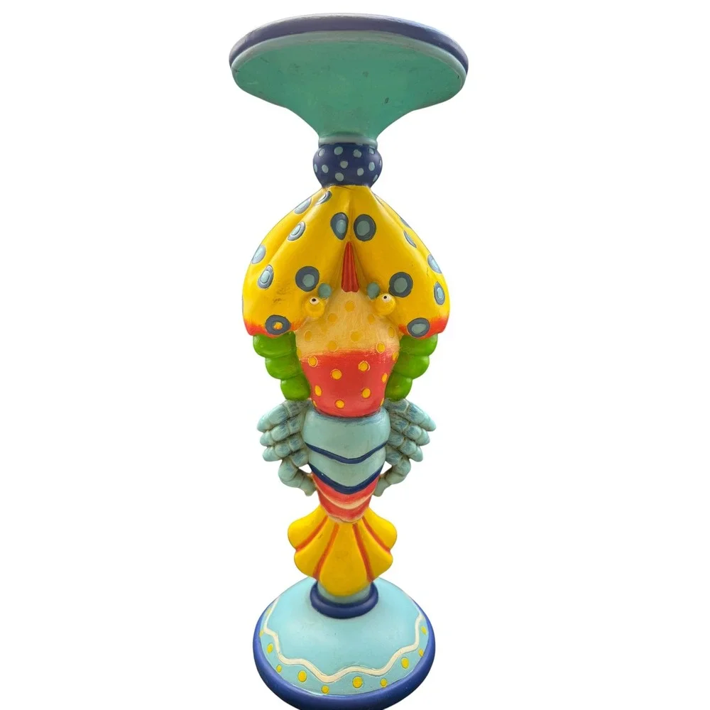Rare Whimsical Hand Painted Lobster Pillar Candle Holder Coastal Folk Art Decor